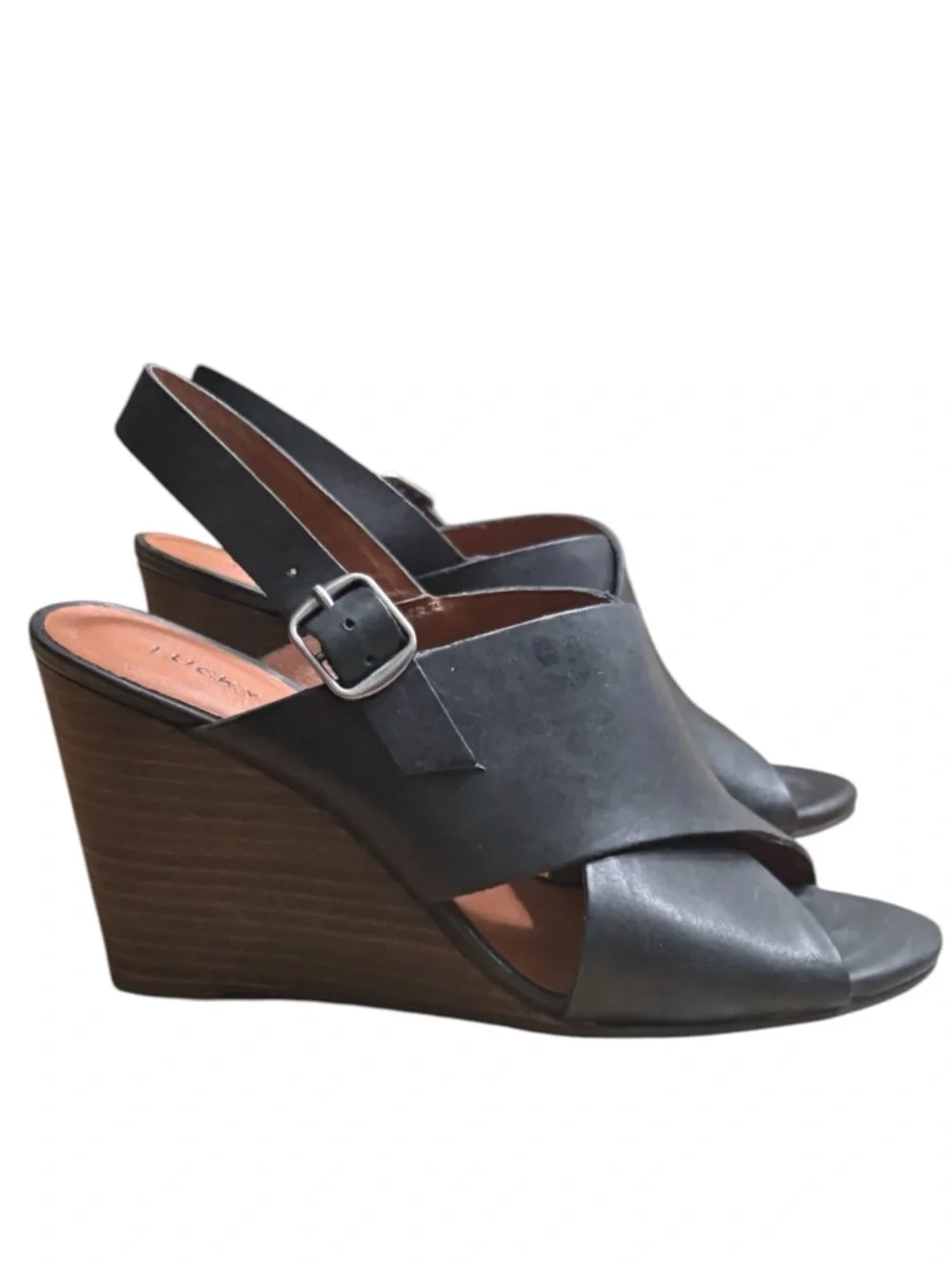 LUCKY BRAND Reddah Leather Black Wedge Slingback Sandal Size 6.5 -- with box